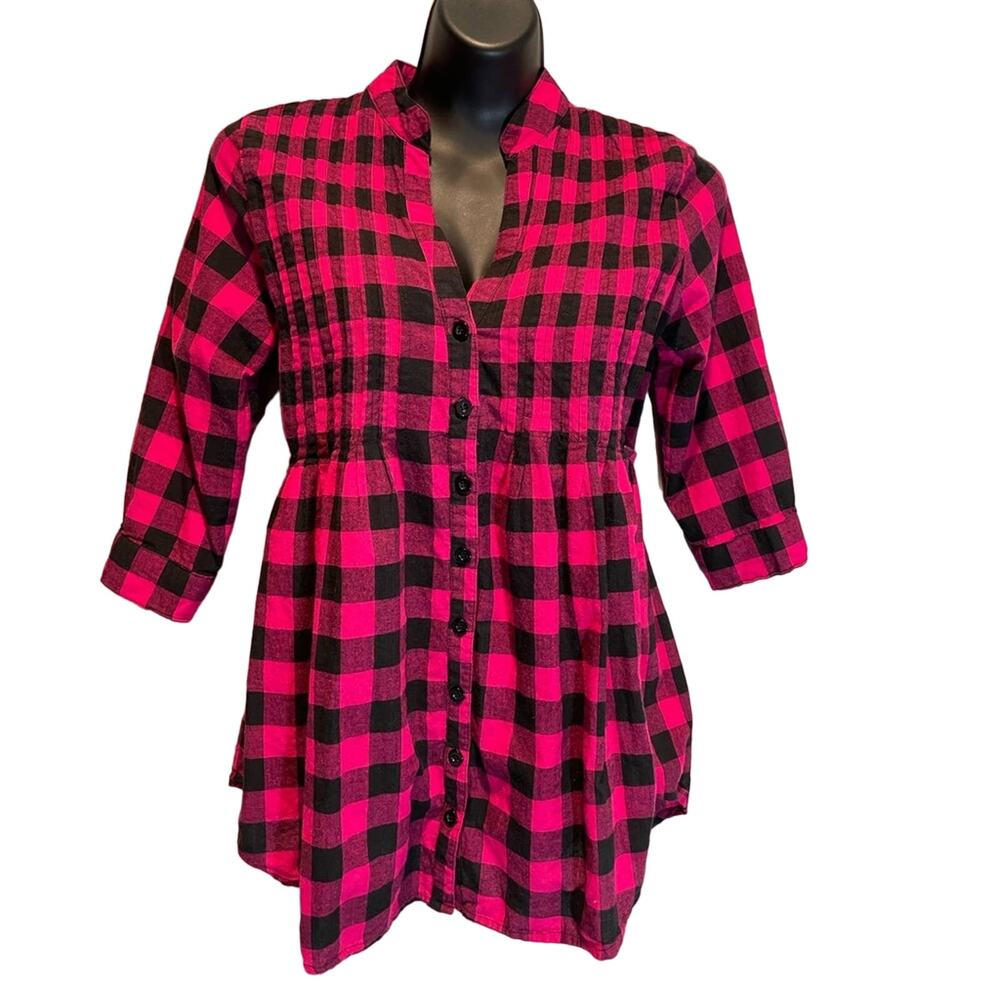 Plaid Pink and Black Tied Waist Button Up Top - Small